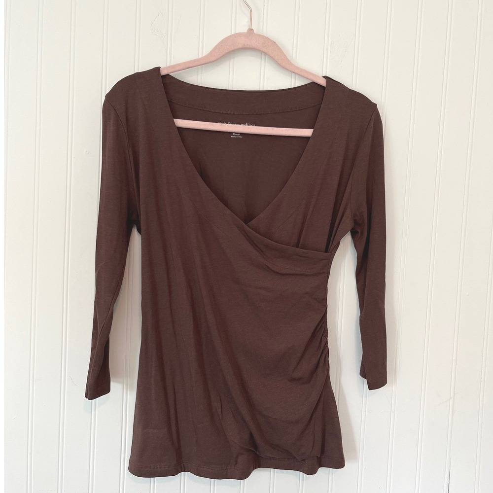 Soft Surroundings Top Womens XS Brown Pima Cotton Modal Wrap Side Ruched